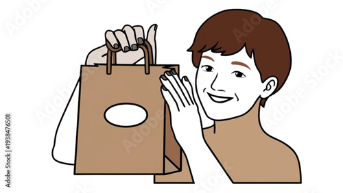 Smiling young woman holding brown paper shopping bag close to her ear  listening quietly
