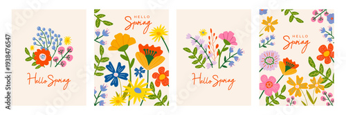 Set of floral spring cards. Modern poster, cover or flyer with hand drawn blossom flowers and floral frame for holiday design. Vector template for Women's Day, Easter and Mother's Day.