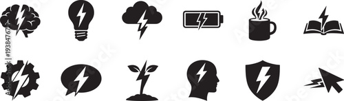 Shape and thunder icon set. Geometric forms with lightning symbols for energy, power and design.