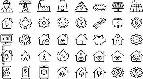 Smart Energy and Electrical Service Line Icon Set with Power Solar Battery Home Technician and Utility Symbols Vector Outline Collection
