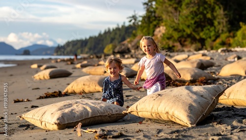 Two little girls holding hands on a sandy beach with large burlap sacks and a backdrop of trees and mountains