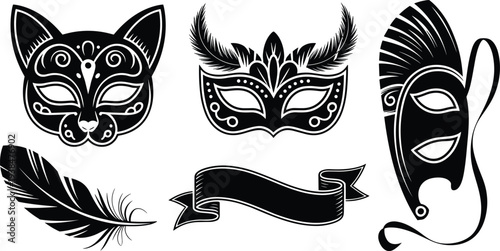 Black and white masquerade mask set with cat mask venetian eye mask handheld mask feather and ribbon banner isolated vector