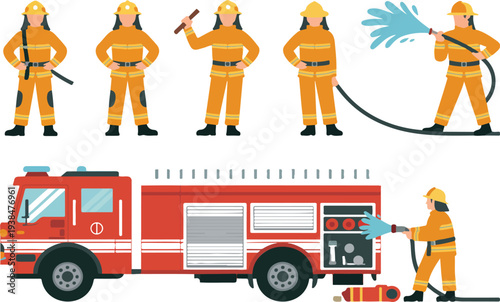 Firefighter Team Vector Illustration Set with Fire Truck Water Hose Rescue Service Emergency Response and Safety Heroes