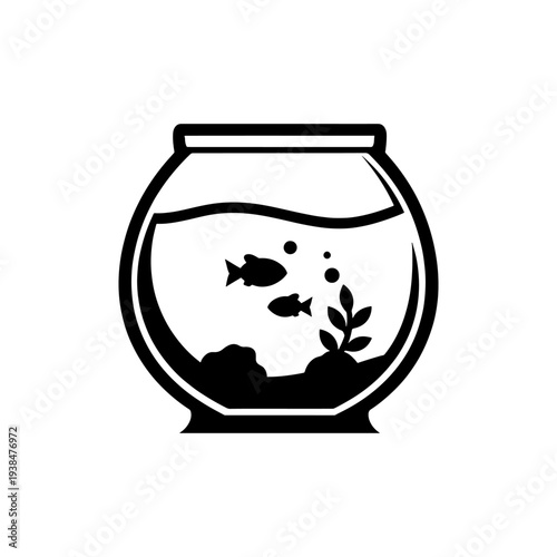 A simple black icon depicts a fishbowl with aquatic life inside silhouette high quality