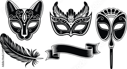 Black and white masquerade mask set with cat mask venetian eye mask handheld mask feather and ribbon banner isolated vector