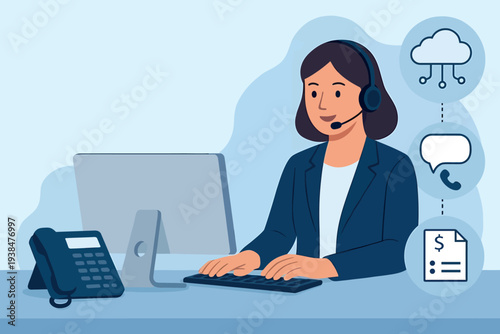 A smiling customer service representative working at a computer with headset on