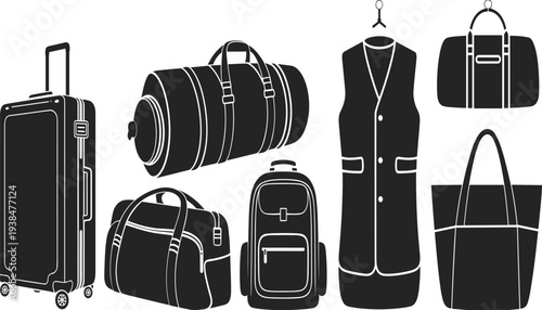 Black and white luggage icons set including suitcase backpack duffel bag travel tote and vest isolated on white background vector