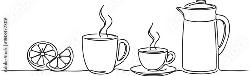 Simple black and white line drawing of a tea setup with orange slices on a table
