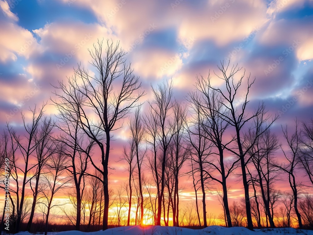 Fototapeta premium Bare, skeletal trees stand stark against a dramatic, cloudy winter sky at sunset, quiet, outdoors