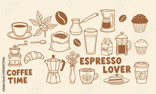 Whimsy breakfast with coffee cup, machine, croissant, cafeteria food. Hand drawn doodle coffee elements