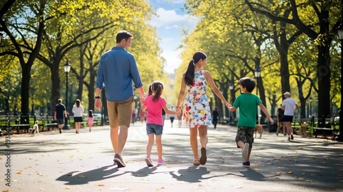 Family walking hand in hand outdoors.