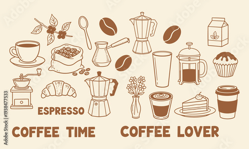 Whimsy breakfast with coffee cup, machine, croissant, cafeteria food. Hand drawn doodle coffee elements