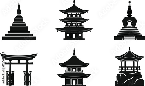 Asian architecture silhouettes, pagoda design, stupa outline, torii gate icon, pavilion figure, temple structure, cultural illustration, historic building art