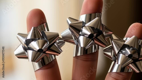 Fingers with metal bow rings on.