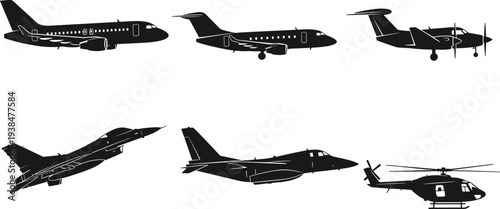 Aircraft silhouettes, commercial jet, regional plane, twin propeller, fighter jet, bomber outline, helicopter design, aviation illustration, military figure