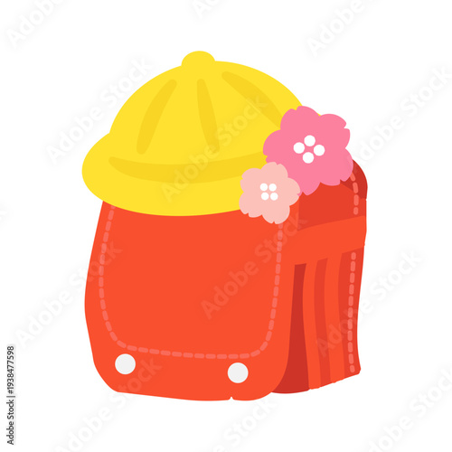 赤色のランドセルと桜の花びらがついた黄色い帽子のイラスト