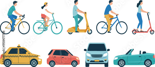 Modern People Riding Bicycles Scooters and Driving Cars Colorful Urban Transport Vector Illustration with Everyday City Mobility Characters