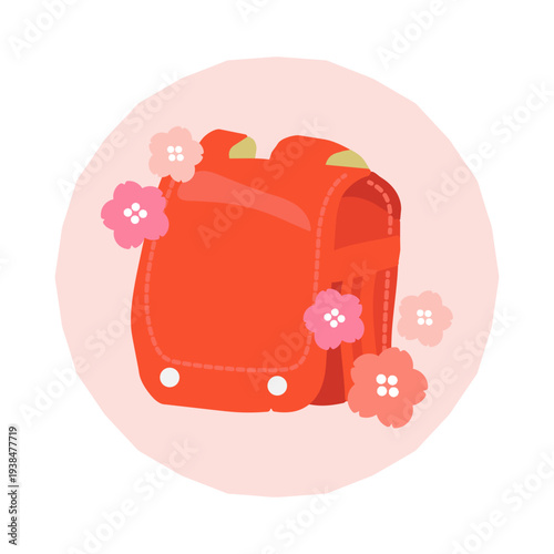 赤色のランドセルと散らばった桜　アイコンイラスト