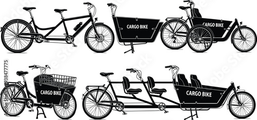 Cargo bike silhouettes, urban transport, delivery bicycle, sustainable design, three wheel outline, passenger carrier, black illustration, eco mobility figure