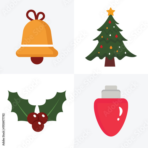 Christmas Holiday Flat Icons Set – Festive Tree, Jingle Bell, Decorative Bulb Light and Holly Berries Vector Collection