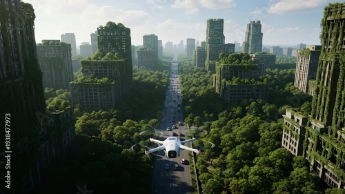 Futuristic cityscape with green spaces.