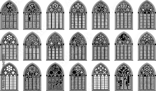 Gothic stained glass windows, cathedral design, pointed arch, floral motif, geometric tracery, ornamental outline, black illustration, architecture art, historic icon