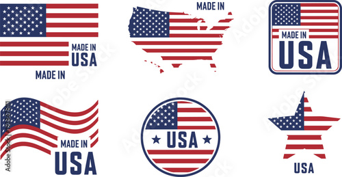 Made in USA graphics, American flag design, patriotic badge, star symbol, product label, national pride illustration, red white blue icon
