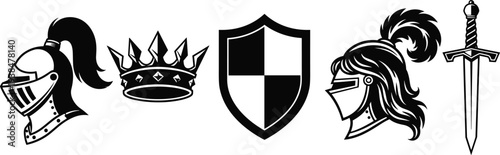Medieval symbols silhouettes, knight helmet, royal crown, heraldic shield, sword icon, fantasy design, black illustration, historic outline, warfare art