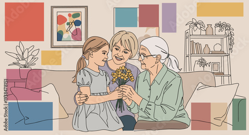 A warm illustration of three generations enjoying a moment together, featuring a minimalist style with soft colors, ideal for family themes