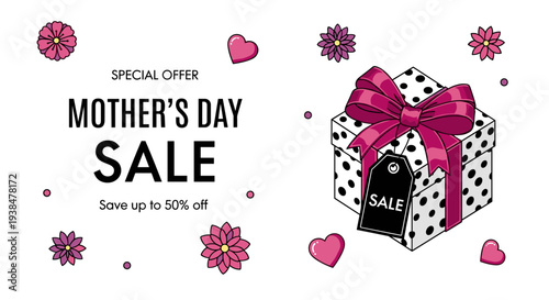 Colorful Mother's Day sale promotion featuring a gift box, flowers, and hearts in a modern flat design