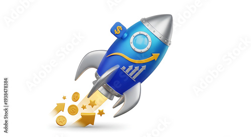 3D blue rocket launching with golden coins growth success finance business concept