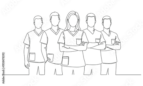 Continuous one line drawing of Group of medical staff. Medical healthcare service. Dynamic one line graphic design vector illustration