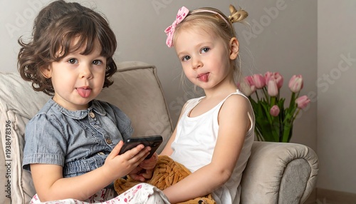 Two little girls playfully stick out their tongues while sitting on a chair. Flowers are visible in the background