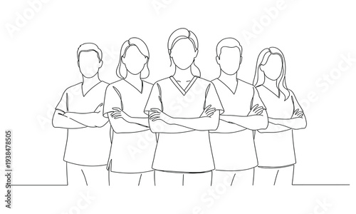 Continuous one line drawing of Group of medical staff. Medical healthcare service. Dynamic one line graphic design vector illustration