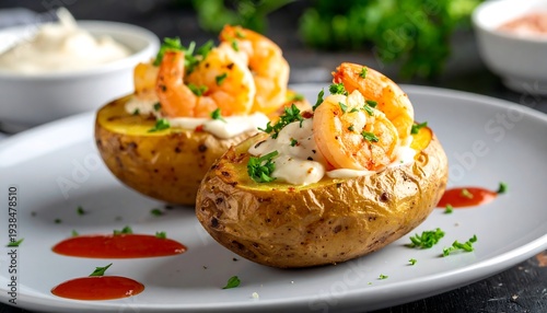 Two loaded baked potatoes with shrimp, parsley, and sauce sit on a light grey plate, drizzled with red sauce