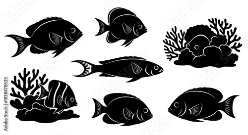 Black Silhouette Set of Tropical Fish and Coral Reef Elements