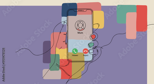 A smartphone displaying an incoming call from 'Mom', illustrated in a modern flat style with vibrant colors