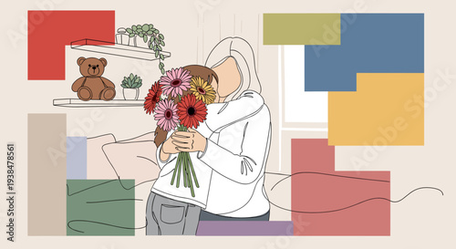 A modern illustration of a woman holding a bouquet of flowers, featuring a minimalist style and warm colors