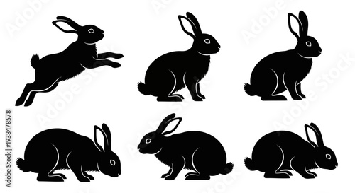 Black Rabbit Silhouette Collection: Jumping, Sitting, and Standing Poses