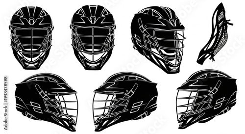 Collection of Lacrosse Goalie Helmets and Catcher Mitt in Black and White.