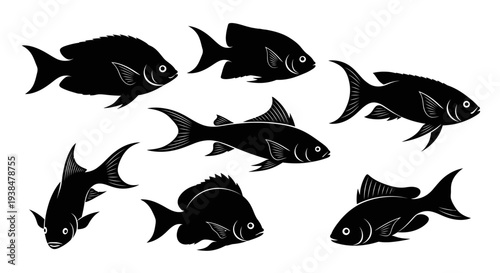 Black Silhouette Fish School Swimming Underwater, Vector Illustration