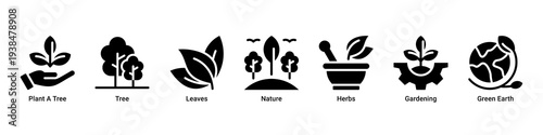 Forest Growth web banner icon vector illustration featuring Plant A Tree,Tree,Leaves,Nature,Herbs,Gardening,and Green Earth icons symbolizing ecosystem restoration.
