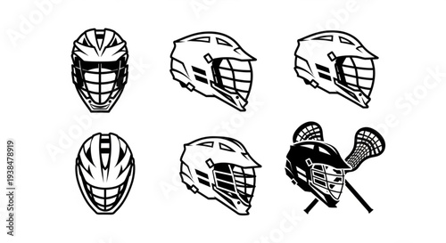 Collection of Lacrosse Helmets and Stick Illustrations.