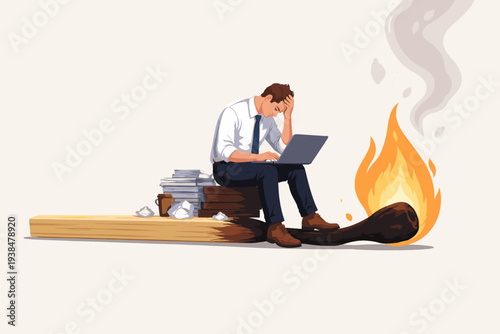 Stressed businessman sitting on a giant burning matchstick while working on a laptop, metaphor for professional burnout, overwork, job pressure, deadline exhaustion, and mental health at work.