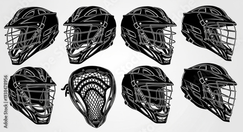 Collection of Lacrosse Helmets and Stick Head Illustration.