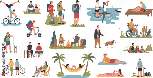 Big Vector Set of Summer Activities with People Swimming Surfing Cycling and Vacation Leisure Cartoon Characters Illustration