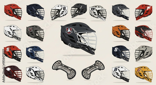Collection of Lacrosse Helmets and Protective Gear Displayed.