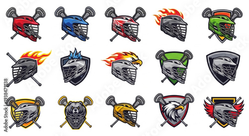 Collection of Lacrosse Helmets and Shields with Fierce Designs.