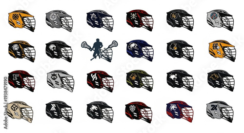 Collection of Lacrosse Helmets and Player Illustration.