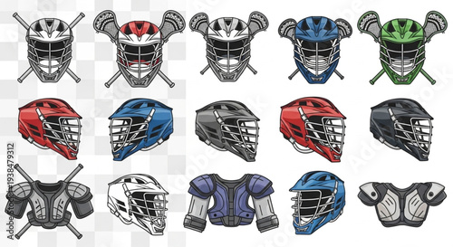 Collection of Lacrosse Helmets and Protective Gear.